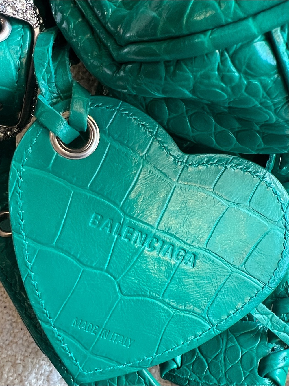 Balenciaga Calfskin Crystal Crocodile Embossed Le Cagole Shoulder Bag XS Jade - Picture 11 of 12
